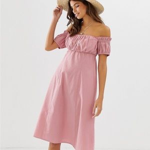ASOS off the shoulder pink midi dress